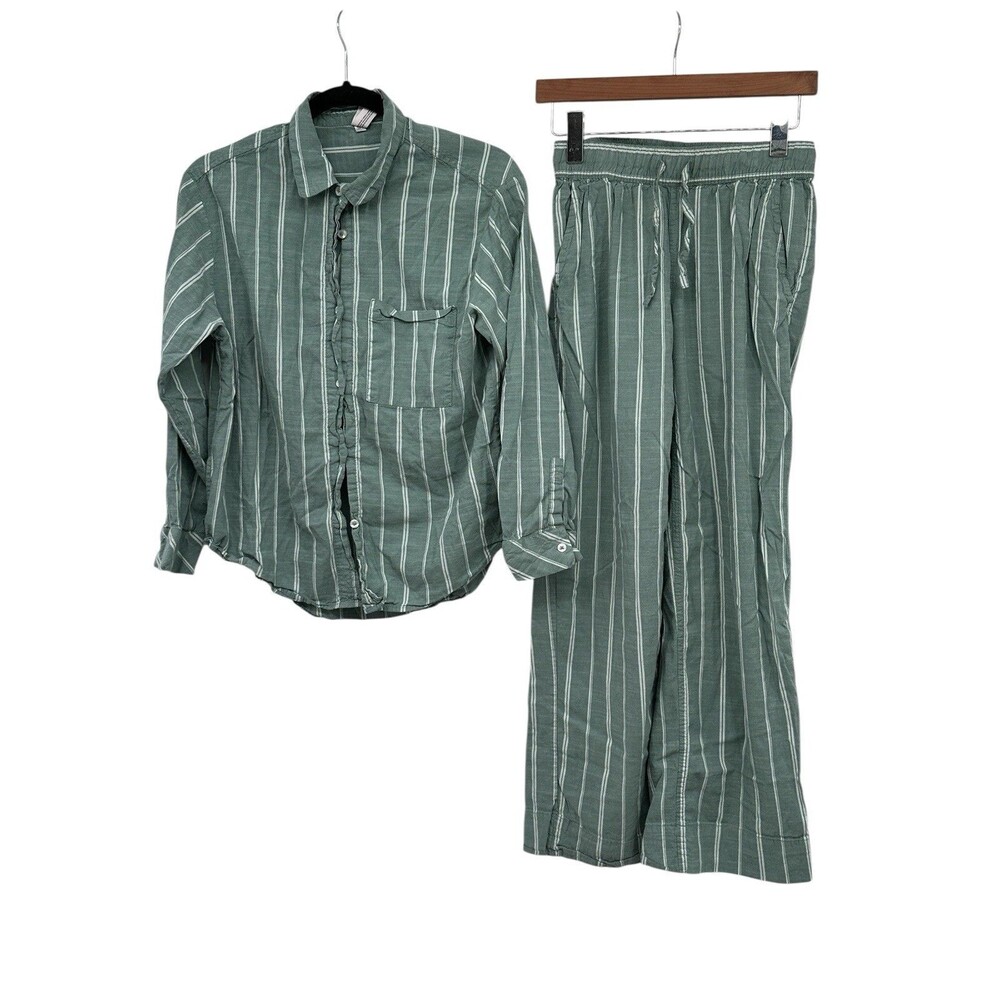 Auden Sleepwear Womens XS Green Striped Long Sleeve Top & Pants Pajama Set‎